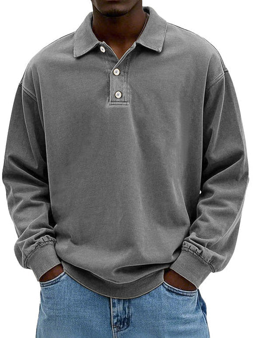 Men's Long Sleeve Polo - Relaxed Fit with Three-Button Placket