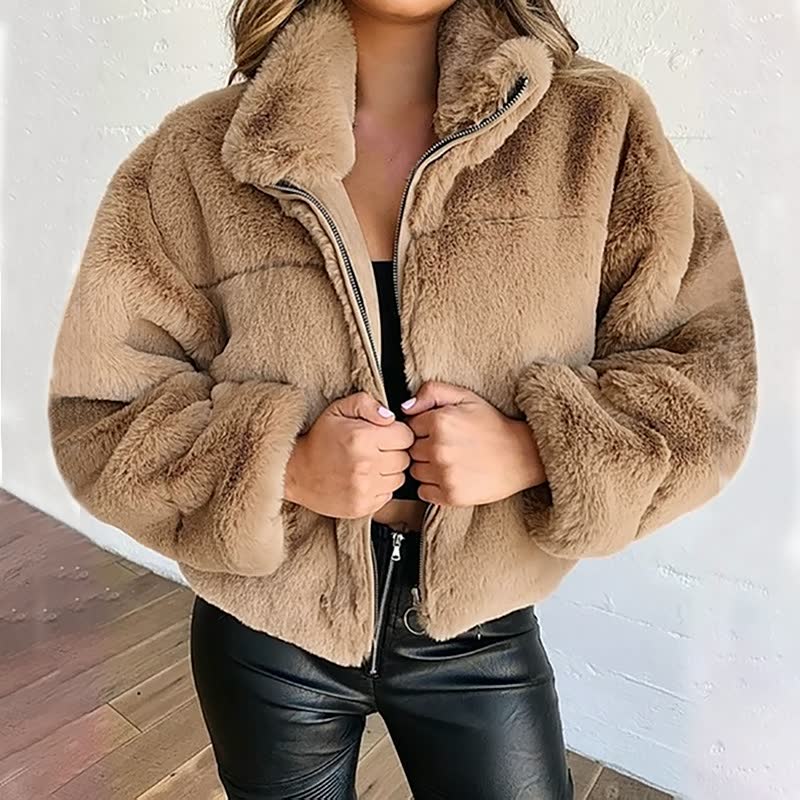 Women's Cosy Faux Fur Jacket - High Collar for Winter
