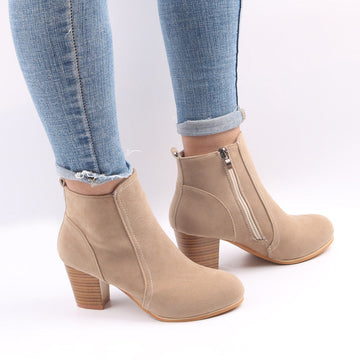 Women's Suede Ankle Boots - Chunky Heel & Side Zip