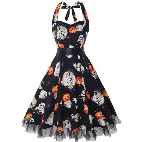 Women's Vintage Halloween Costume Dress - Skull Print Halter Rockabilly Midi