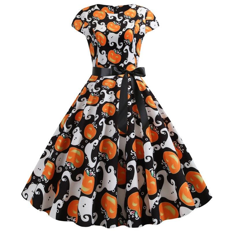 Women's Vintage Halloween Costume Dress - Pumpkin & Ghost Print A-Line Midi