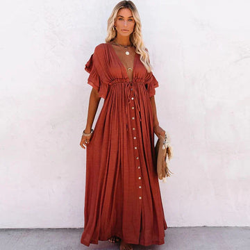 Elegant Long Red Button-Down Dress for Women