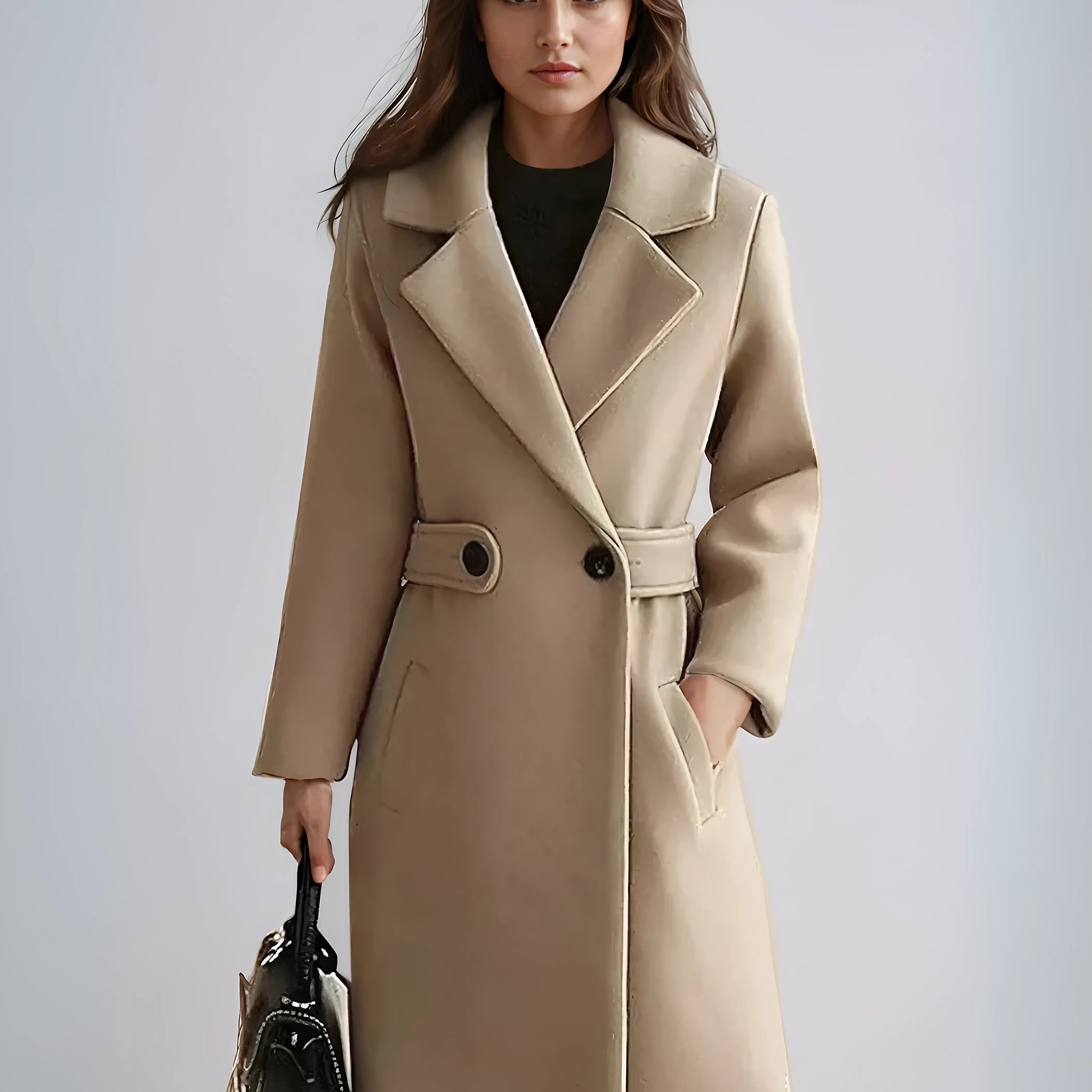 Women's Coat - One-Button Closure with Belted Waist