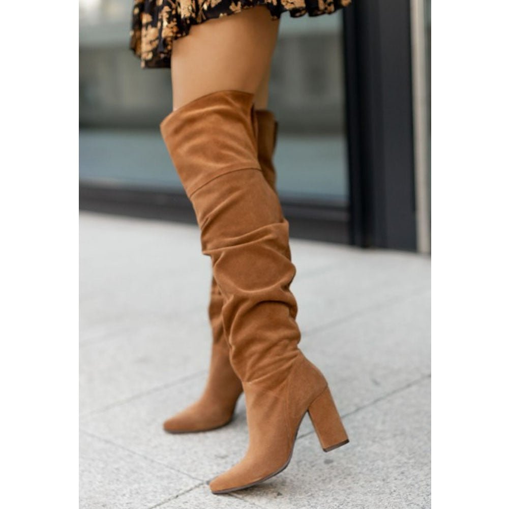 Women's Knee-High Boots - Slouch Shaft with High Block Heel and Back Top Slit
