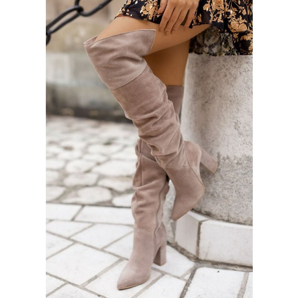 Women's Knee-High Boots - Slouch Shaft with High Block Heel and Back Top Slit