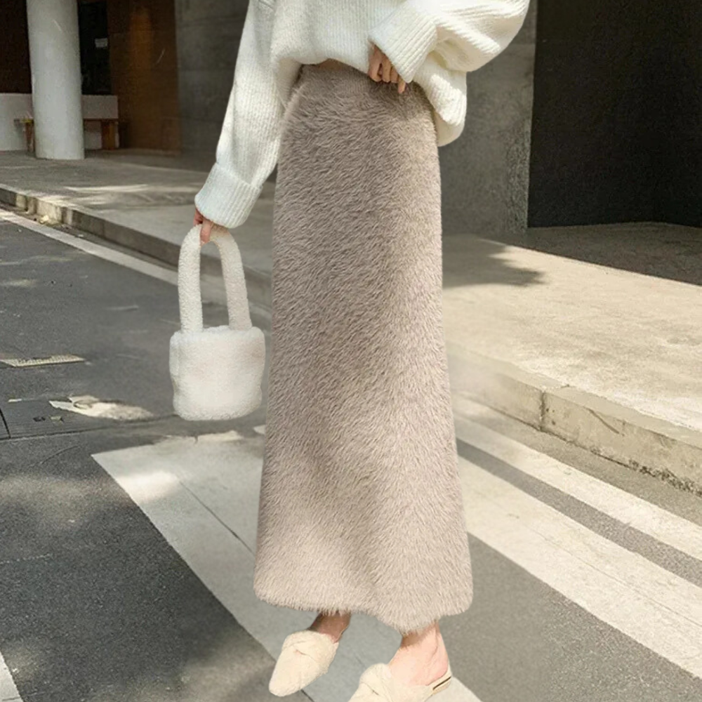 Women's Faux Fur Khaki Midi Skirt - Elegant and Cosy