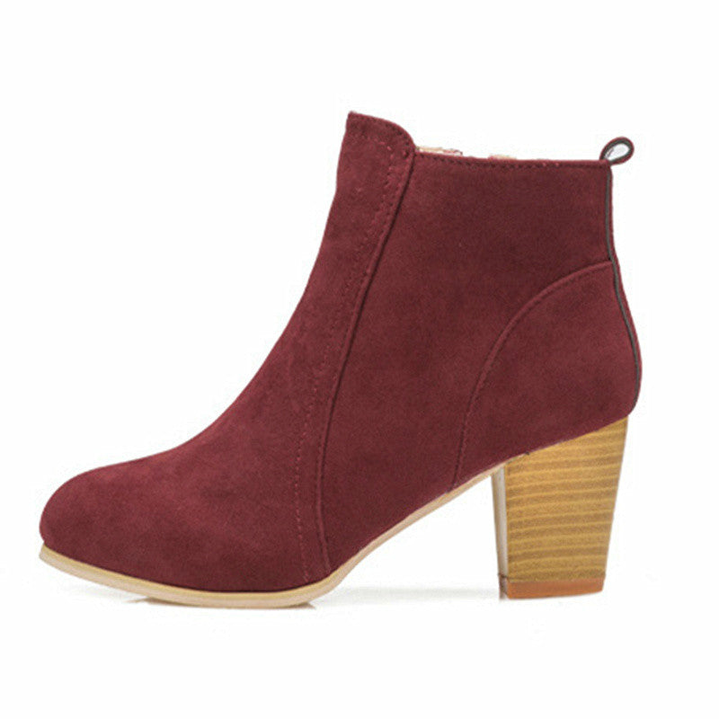 Women's Suede Ankle Boots - Chunky Heel & Side Zip