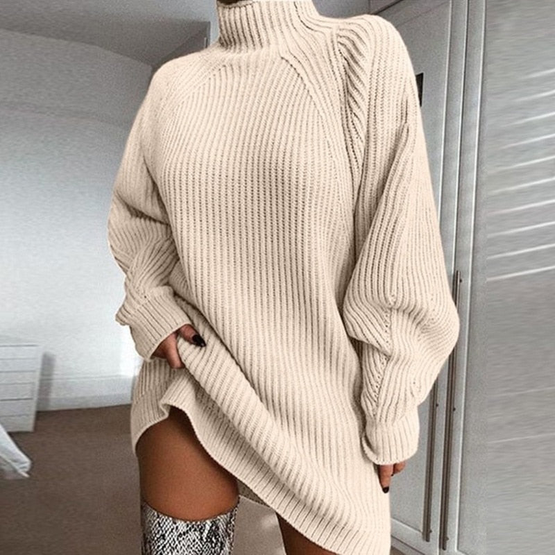 Women's Knitted Jumper Dress - Roll neck with Chunky Knit Sleeves