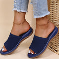 Deep blue slip-on orthopaedic summer sliders for women, featuring breathable knitted upper.