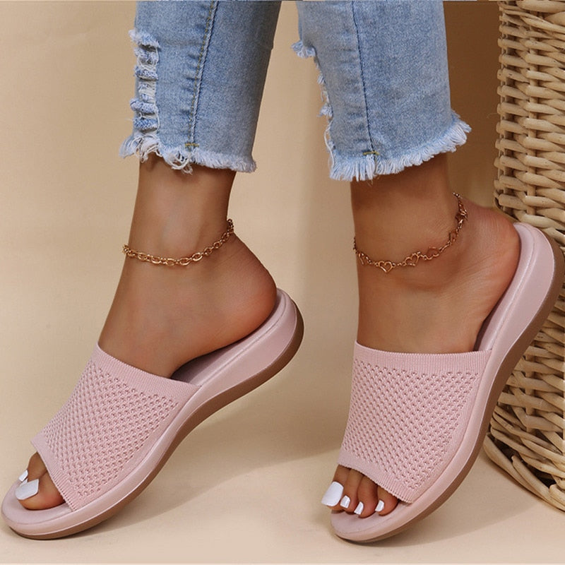 Women's light pink breathable orthopaedic summer sliders, ideal for all-day comfort.