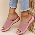 Women's pink knitted mesh breathable orthopaedic summer sliders with comfort sole.